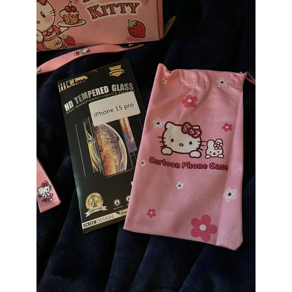 Hello Kitty  iPhone 15 Pro Phone Case Set Silicone Pink Keychain Tempered Glass